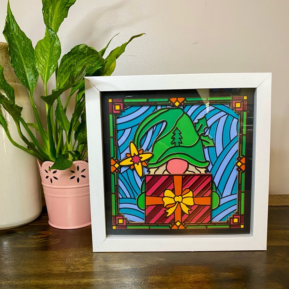 3D Christmas Gnome Present Stained Glass Shadowbox